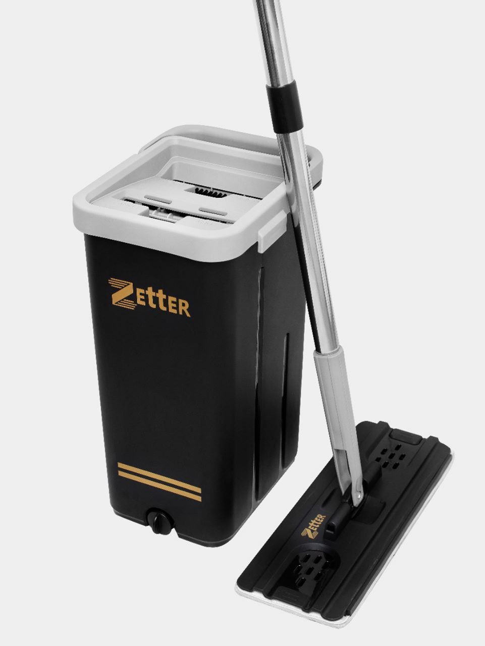 Швабра с вертикальным отжимом Zetter Premium, с ведром, черная