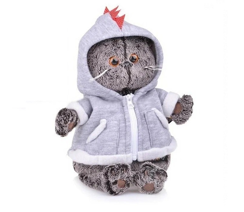 

Мягкая игрушка 22 см Basik&Co в подарочной коробке - кот Басик в толстовке дракончик, Серый