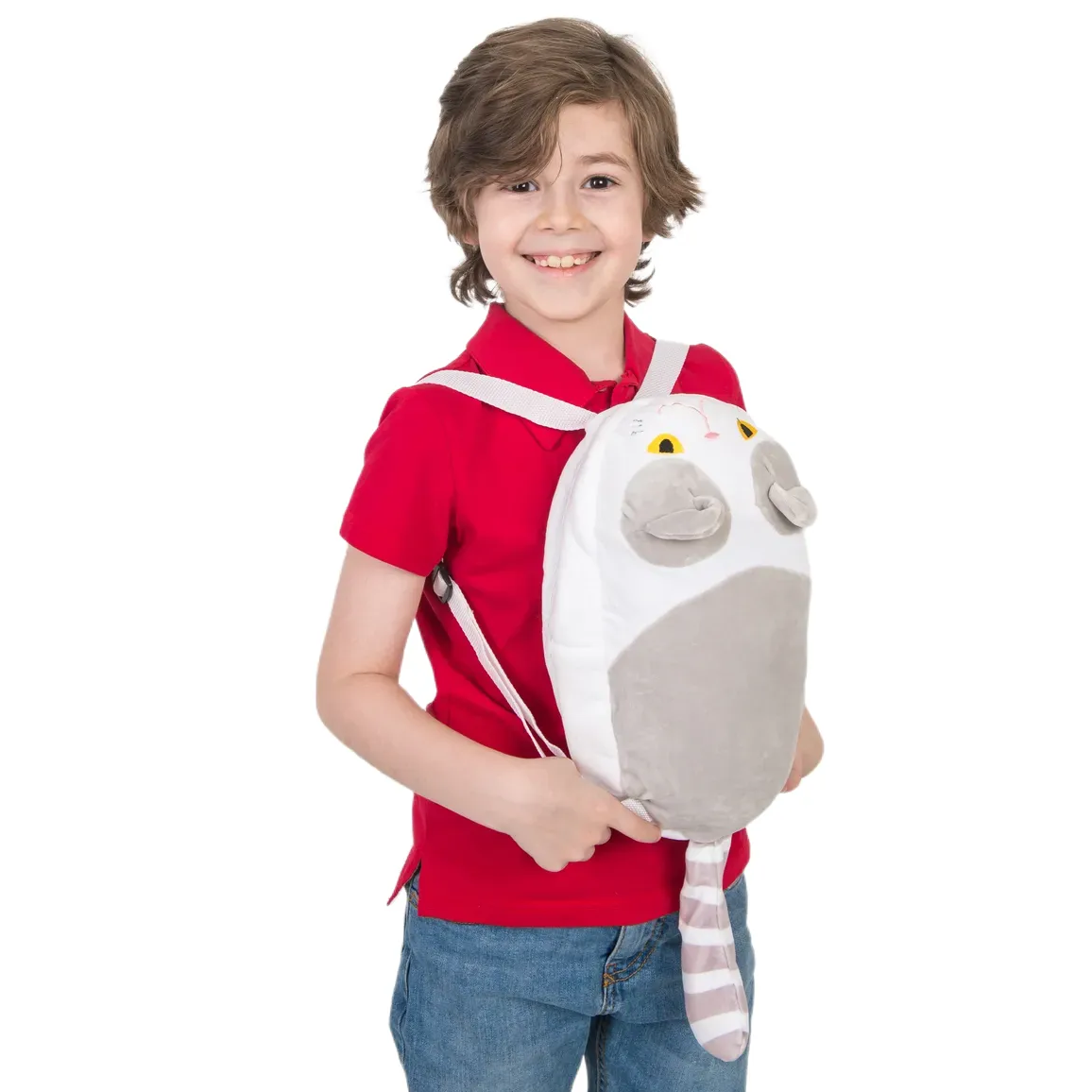 

Рюкзак RACOONGO дошкольный в виде игрушки Кот белый серый 35 см, BP-BAG-RACOONGO