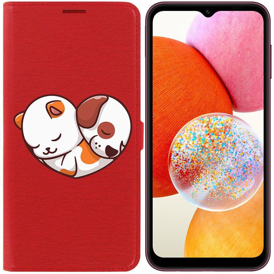 Чехол-книжка Krutoff Eco Book для Samsung Galaxy A14 4G (A145) Котёнок и Щенок (красный)