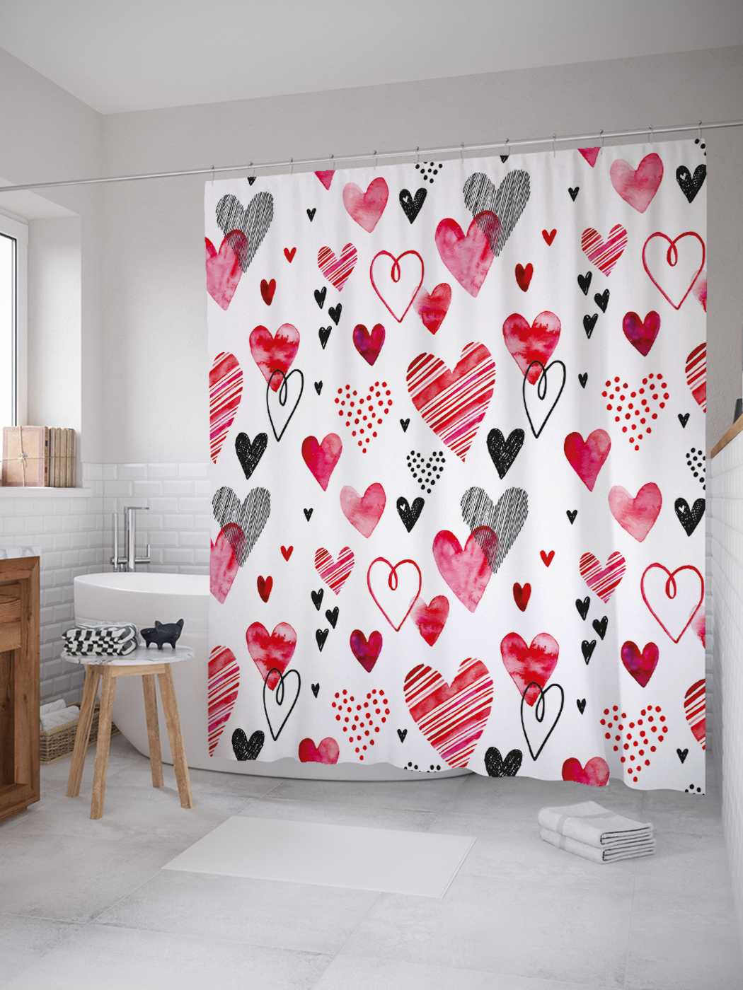 

Штора для ванной JoyArty "Романтичные сердечки" из сатена, 180х200 см с крючками, Белый