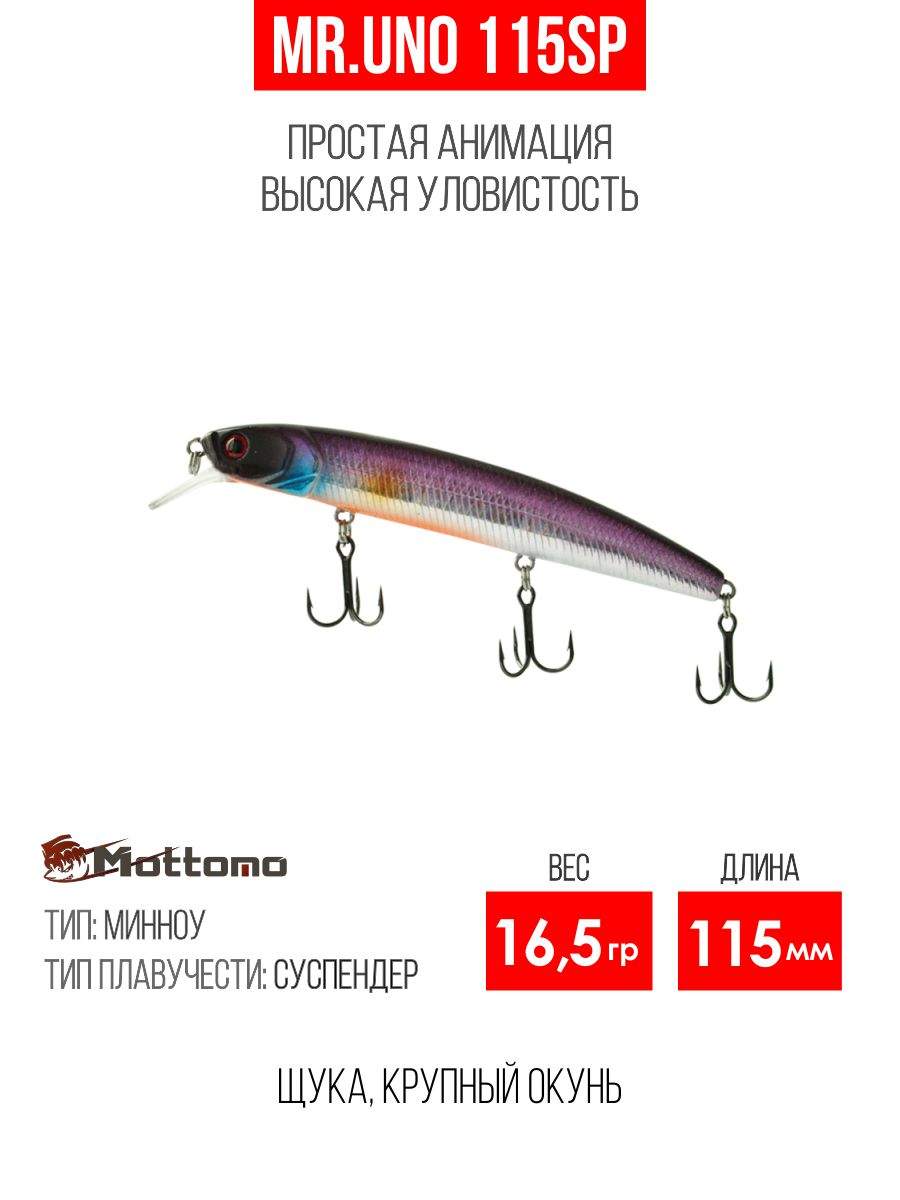 

Воблер Mottomo Mr.Uno 115SP 16,5g Purple Black, Разноцветный, Mr.Uno