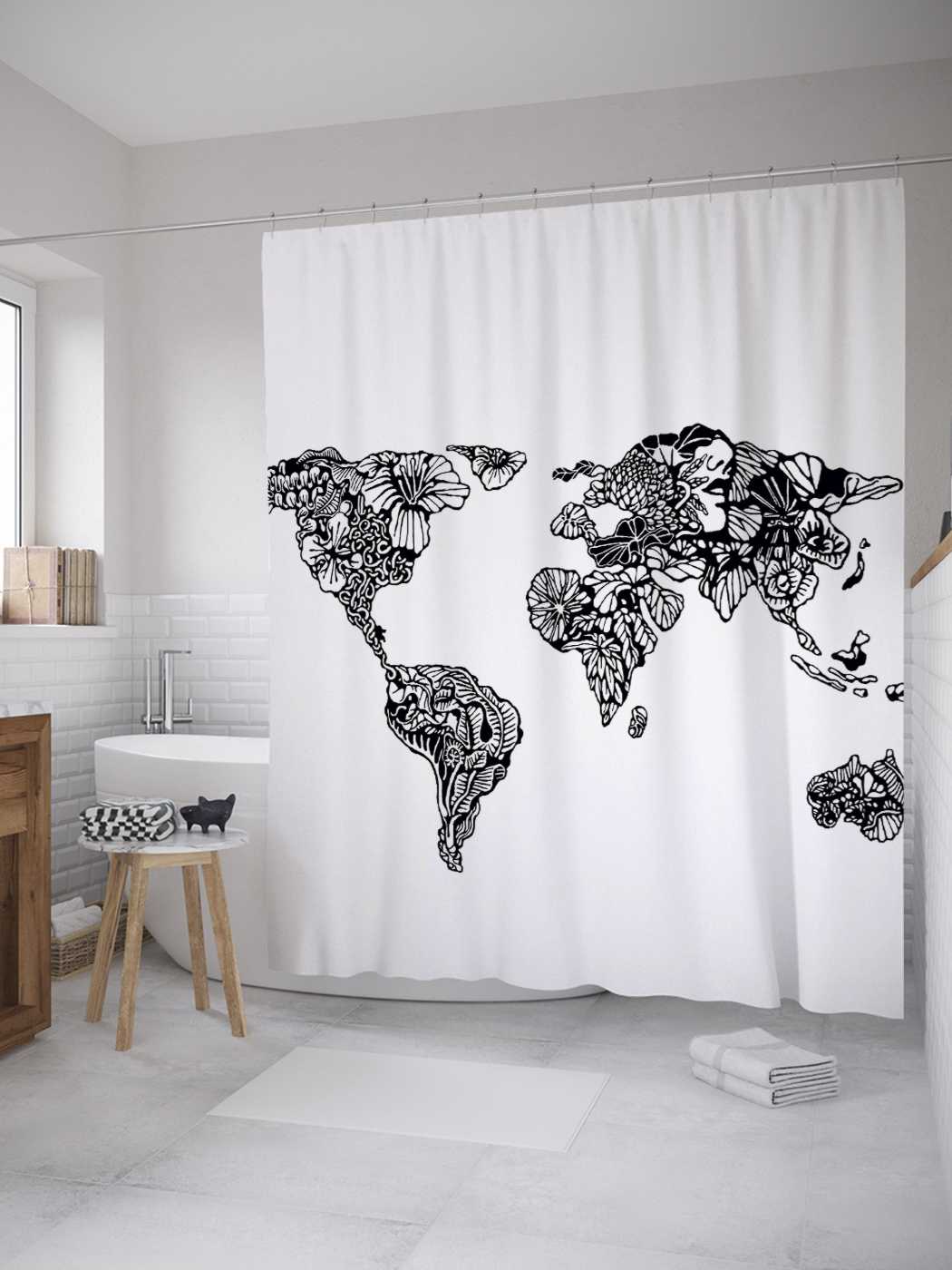 

Штора для ванной JoyArty "Карта дудл" из сатена, 180х200 см с крючками, Белый