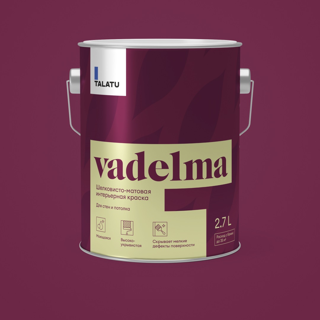 Шелковисто-матовая моющаяся краска для стен и потолков TALATU vadelma белая 2.7 л.