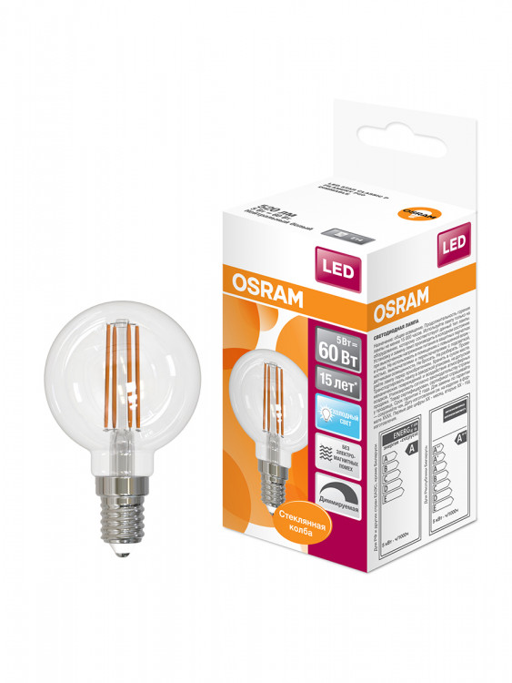 фото Светодиодная лампа osram lsclp60 cl 5w/840 230v fil e14