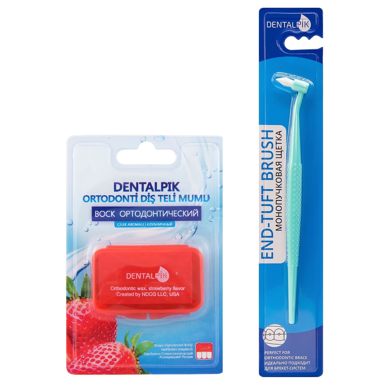 Воск для брекетов Dentalpik прозрачный клубничный и монопучковая щетка зеленая