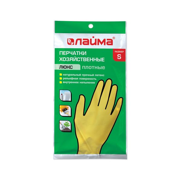 

Перчатки хоз латексные ЛАЙМА Люкс, МНОГОРАЗОВЫЕ, х/б напыление, плотные, размер  малый, Желтый