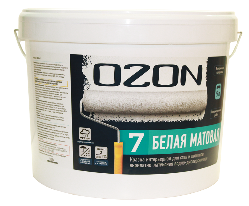 OZON Краска интерьерная акрилатно-латексная матовая OZON-7 ВД-АК-233АМ-13 А (белая) 9л мор