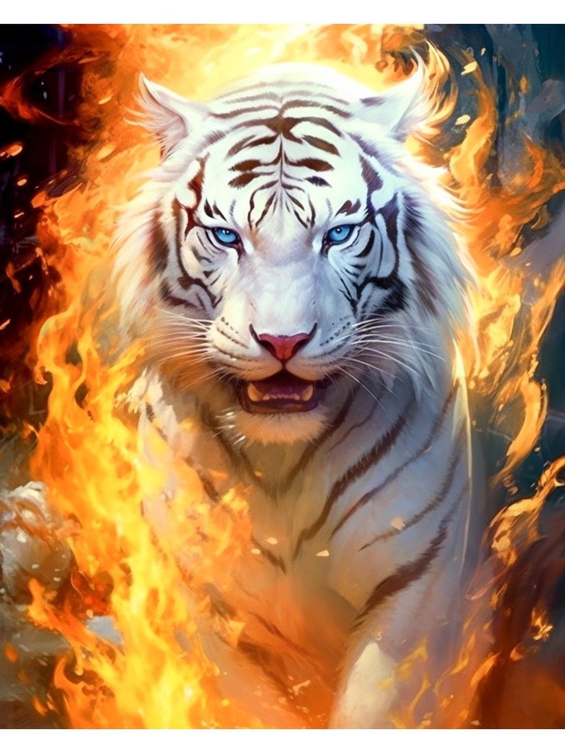 Алмазная мозаика Рыжий кот Белый тигр в огне, 40х50 см