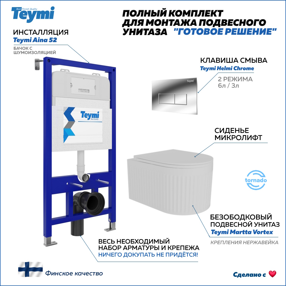 

Инсталляция с унитазом комплект 5 в 1 Teymi унитаз Martta Vortex кнопка хром F14514, Martta Vortex F14514