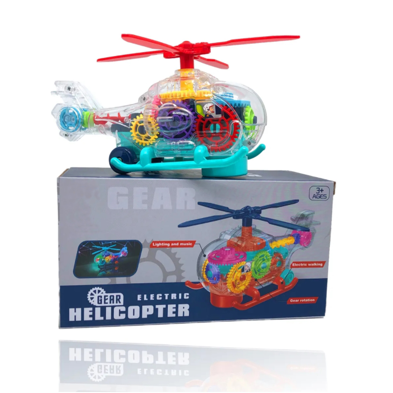 

Прозрачный вертолёт Gear Electric Helicopter с шестерёнками со свет. и звук. эффектами, Голубой