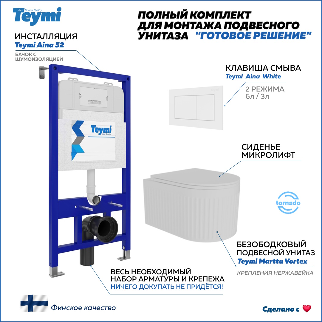 

Инсталляция с унитазом комплект 5 в 1 Teymi унитаз Martta Vortex кнопка белая F14528, Martta Vortex F14528