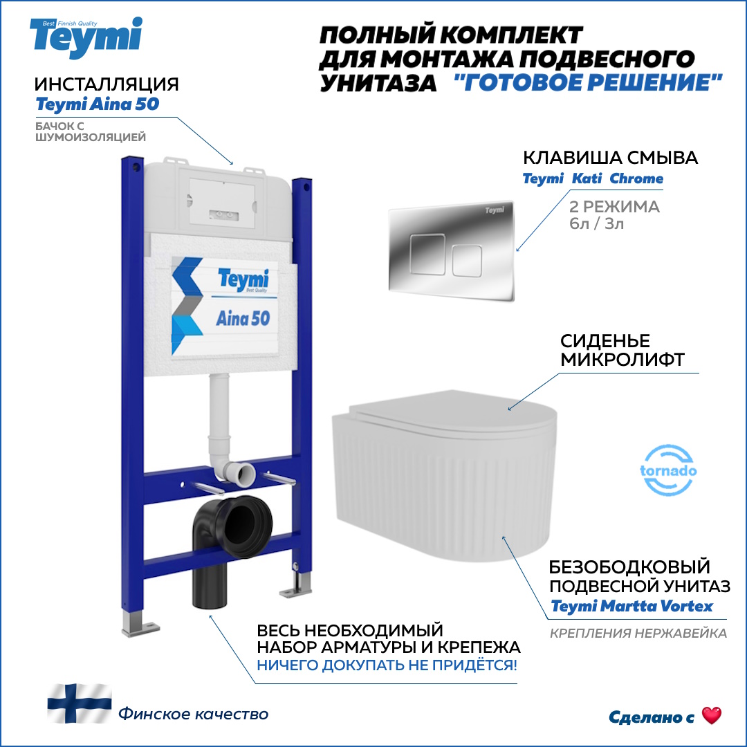 

Инсталляция с унитазом комплект 5 в 1 Teymi унитаз Martta Vortex кнопка хром F14552, Martta Vortex F14552