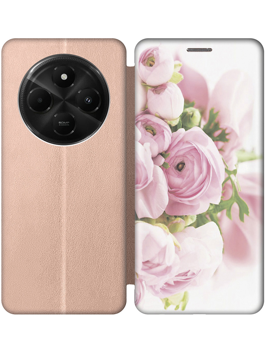 

Чехол-книжка на Xiaomi Redmi 14C, Poco C75 с принтом "Розовые розы" золотой, Золотистый;белый;розовый;серый, 786715721