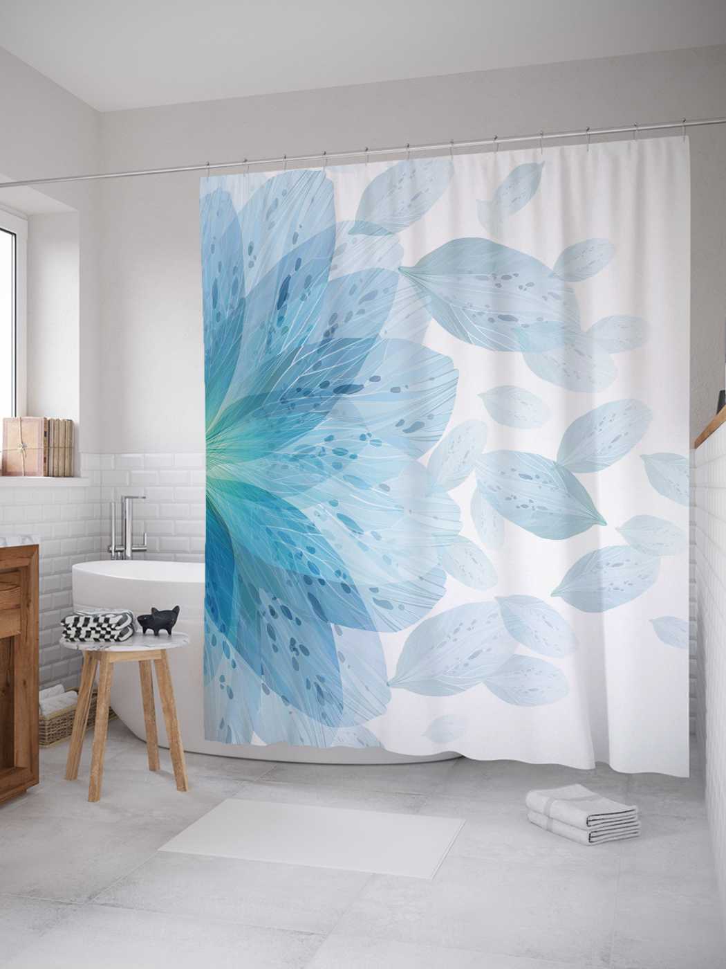 фото Штора для ванной joyarty "прозрачные лепестки" из сатена, 180х200 см с крючками