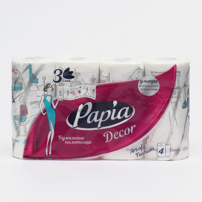 

Полотенце бумажное Papia Decor, 3 слоя, 4 рулона, Белый