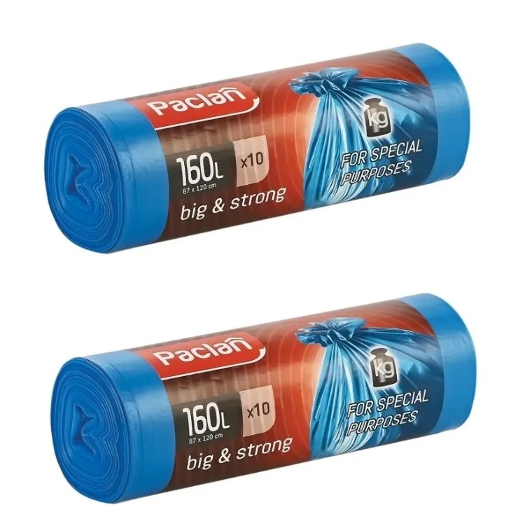 фото Комплект paclan big & strong мешки для мусора пвд синий 160 л. 10 шт. в рулоне х 2 шт.