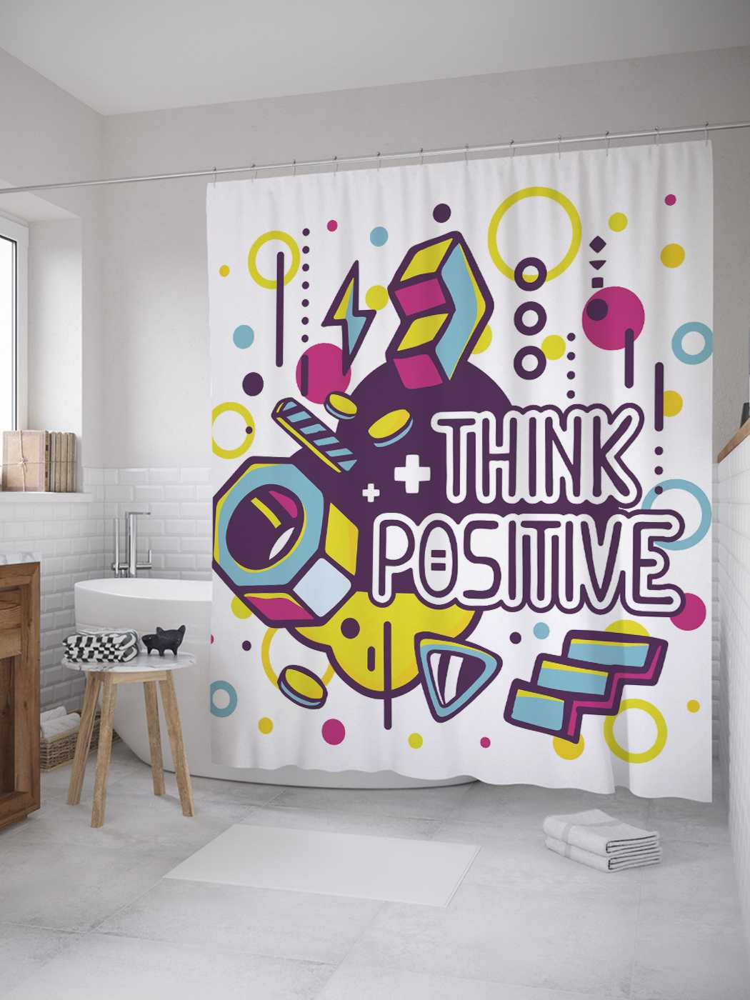 

Штора для ванной JoyArty "Позитивное мышление" из сатена, 180х200 см с крючками, Белый