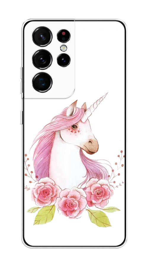 

Чехол на Samsung Galaxy S21 Ultra "Единорог цветы", Белый;розовый;серый, 2102250-1