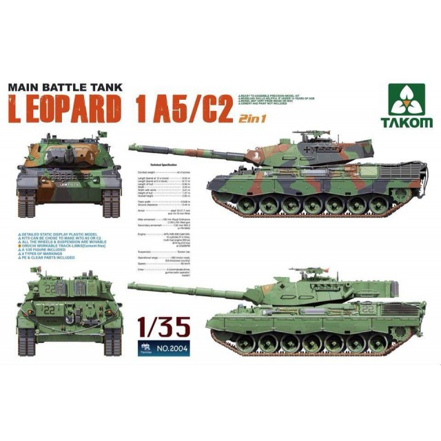 Сборная модель Takom 1/35 Main Battle Tank Leopard 1 A5/C2 2 in 1 2004