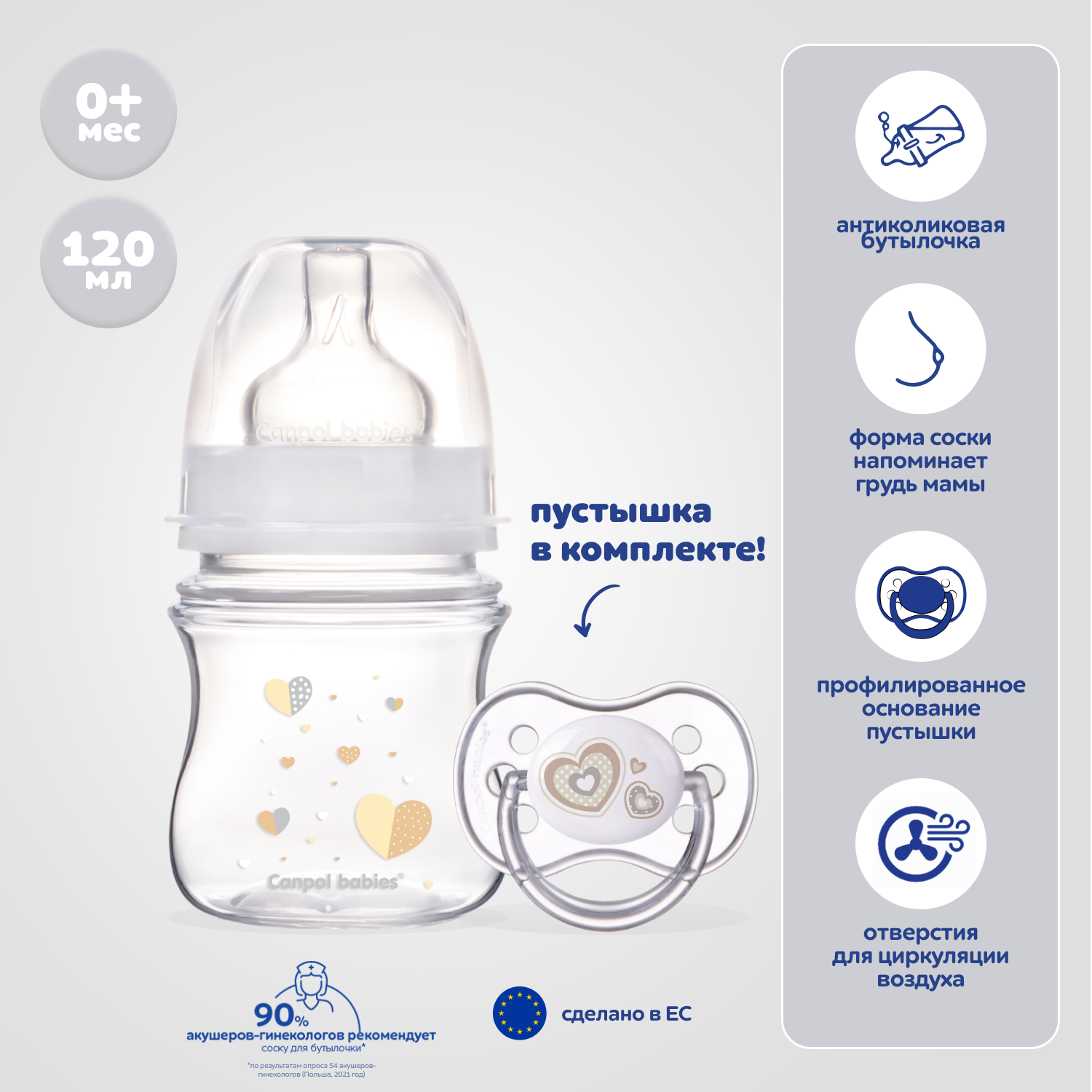 Набор CANPOL Newborn baby Антиколиковая бутылочка 120 мл и пустышка для новорожденных 0-6 бутылочка для кормления мой 1 новый год 250 мл цилиндр с ручками