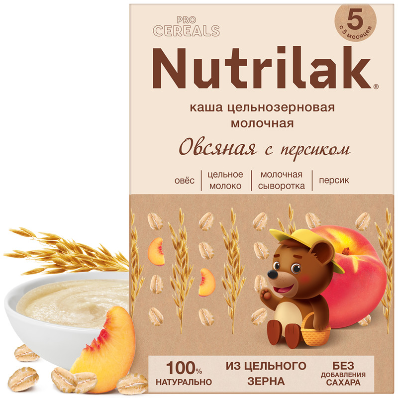 Каша молочная Nutrilak цельнозерновая овсяная с персиком Premium Procereals с 5 м, 200 г