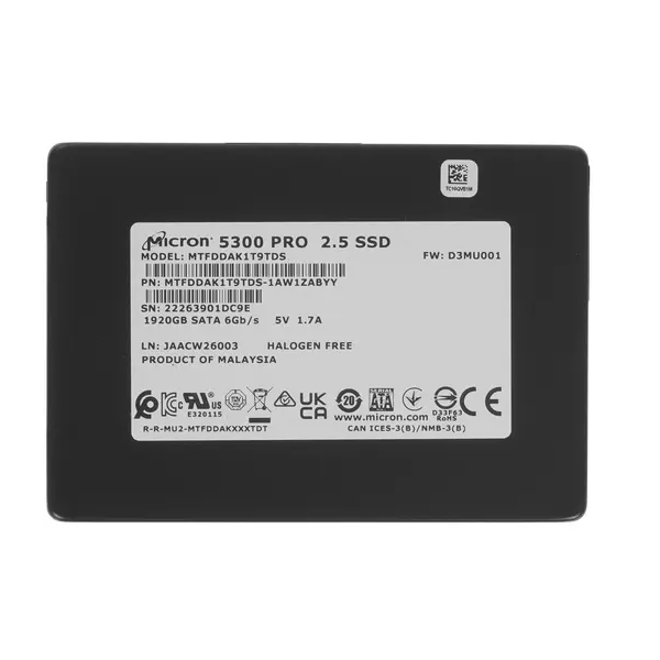 

SSD накопитель Crucial Micron 5300 PRO 2.5" 1,92 ТБ (MTFDDAK1T9TDS-1AW1ZABYY), Micron 5300 PRO