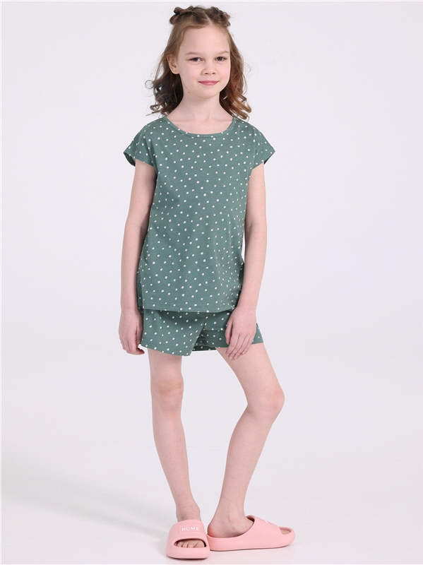 Пижама детская Апрель 393дев001нД1, белые пятнышки на серо-зеленом, 98
