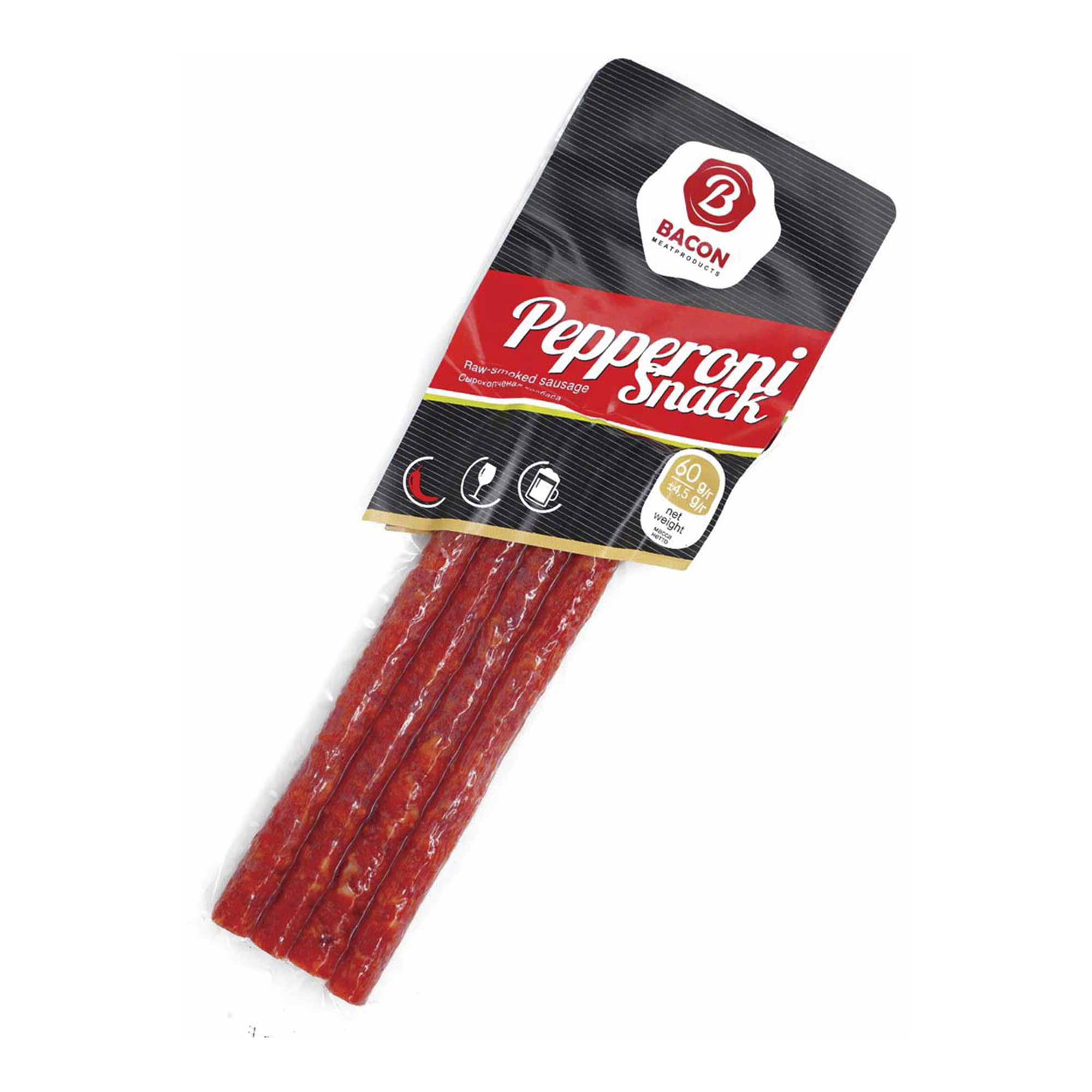 

Колбаски Bacon Пепперони сырокопченые 60 г