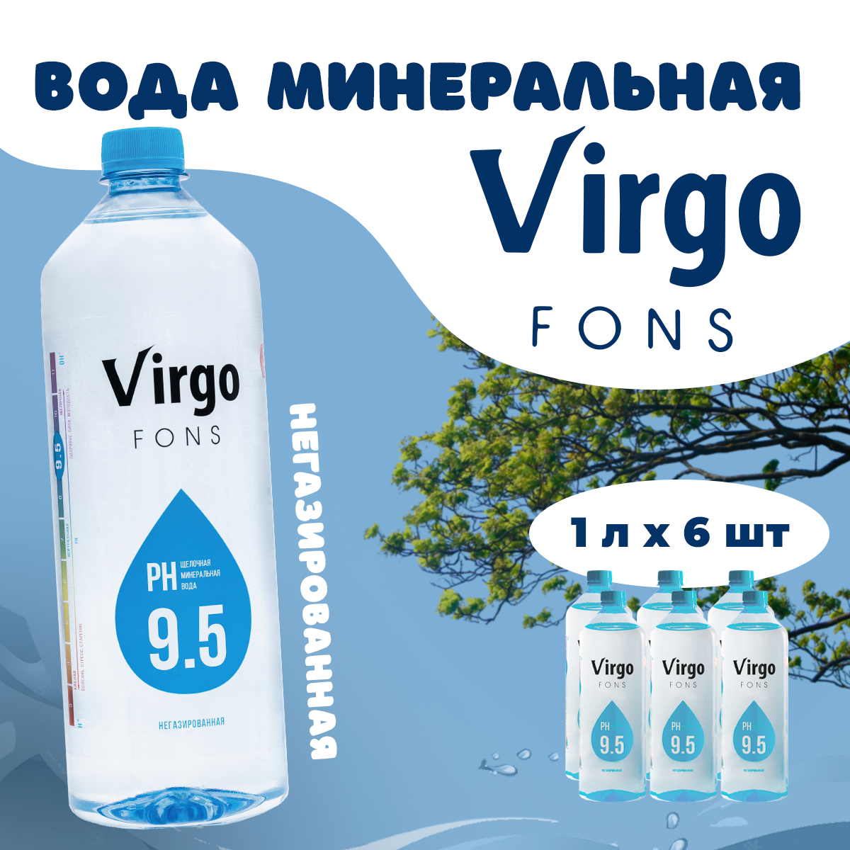 Вода минеральная Virgo fons природная щелочная pH 9,5, негазированная, 1 л х 6 шт