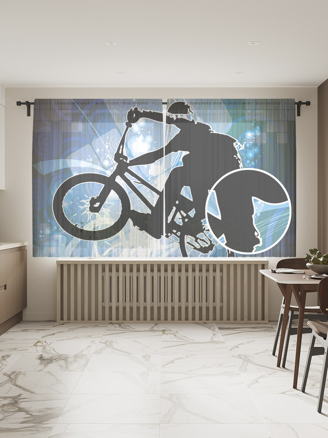 

Фототюль JoyArty "Велосипедист в полете", 145x180см (2 полотна с лентой + 50 крючков), Велосипедист в полете