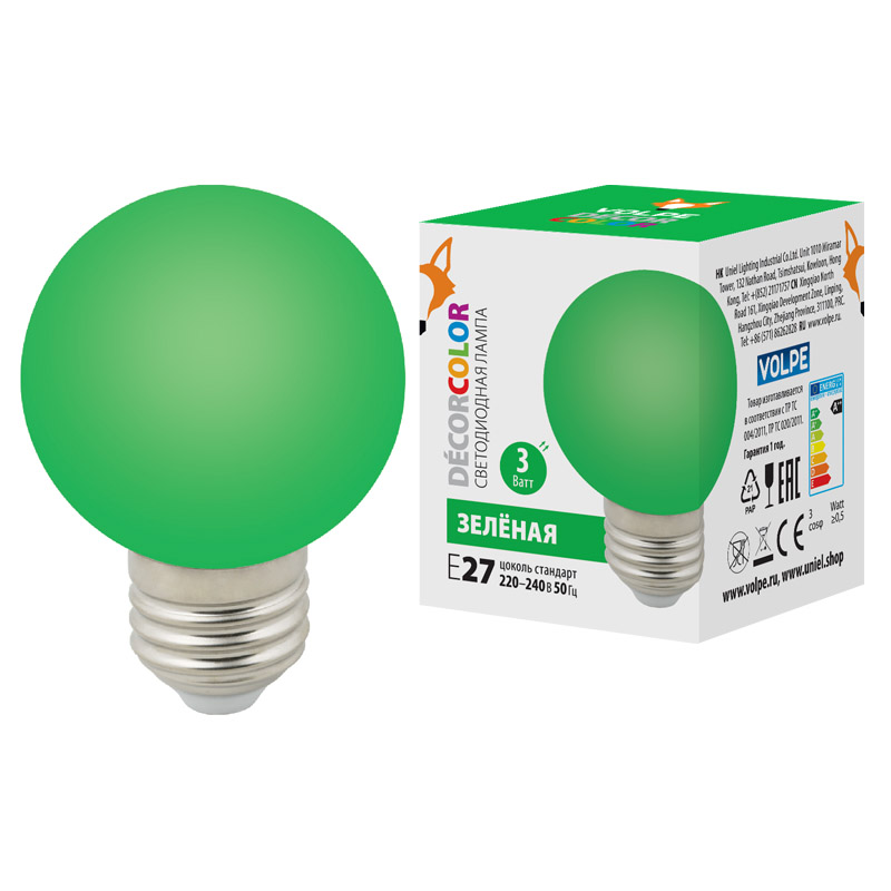 

Лампа светодиодная Volpe E27 3W зеленая LED-G60-3W/Green/E27/FR/С UL-00006958