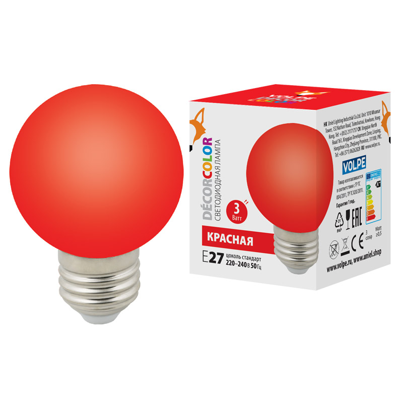 

Лампа светодиодная Volpe E27 3W красная LED-G60-3W/Red/E27/FR/С UL-00006959