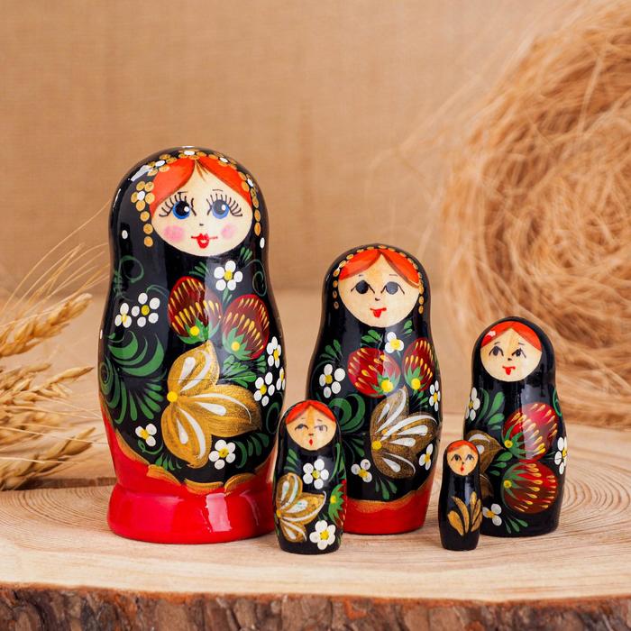 

Матрёшка «Хохлома», чёрно-золотой платок, 5 кукольная, 10 см, ручная работа, Разноцветный