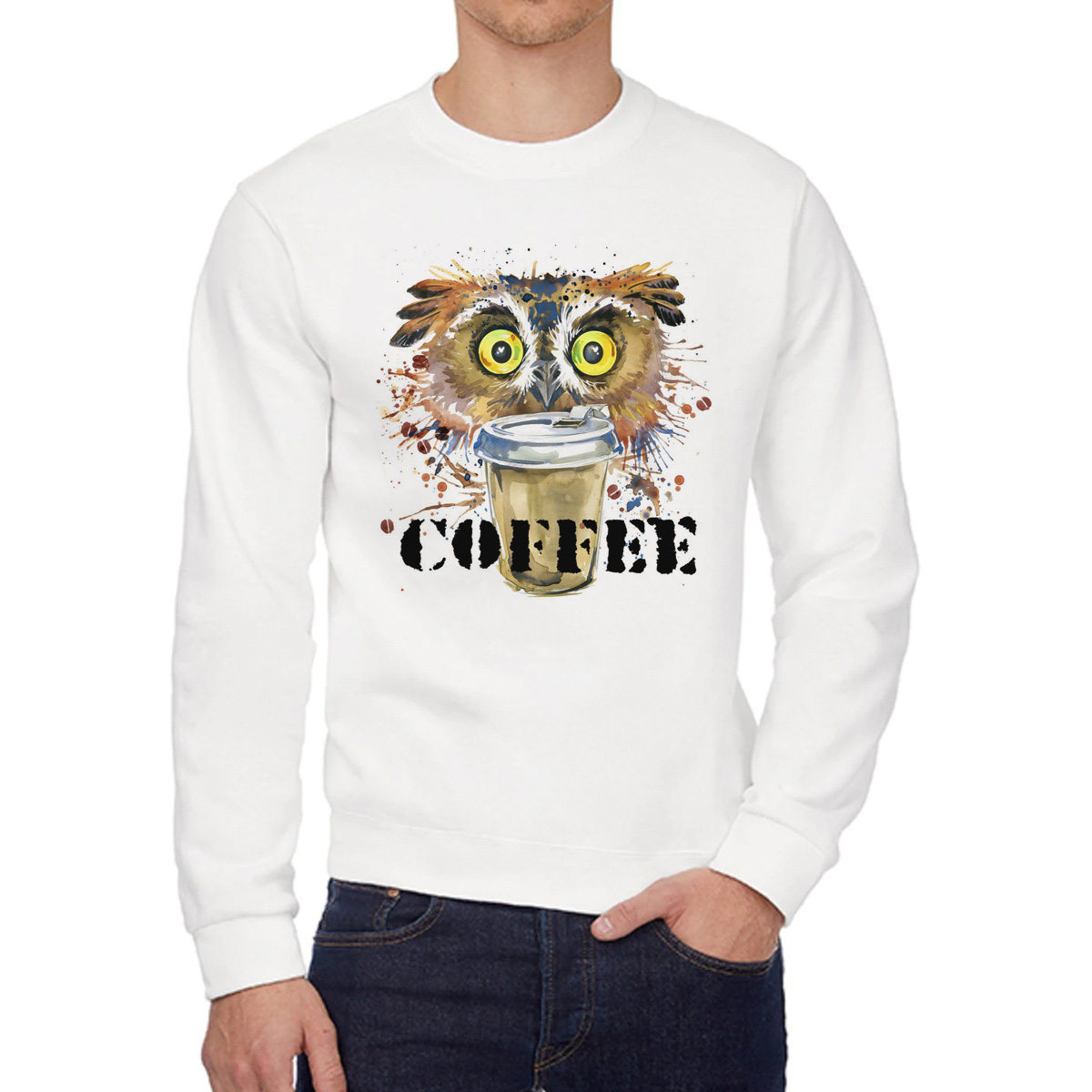 фото Свитшот женский coolpodarok краски сова с кофе cofee белый 46 ru