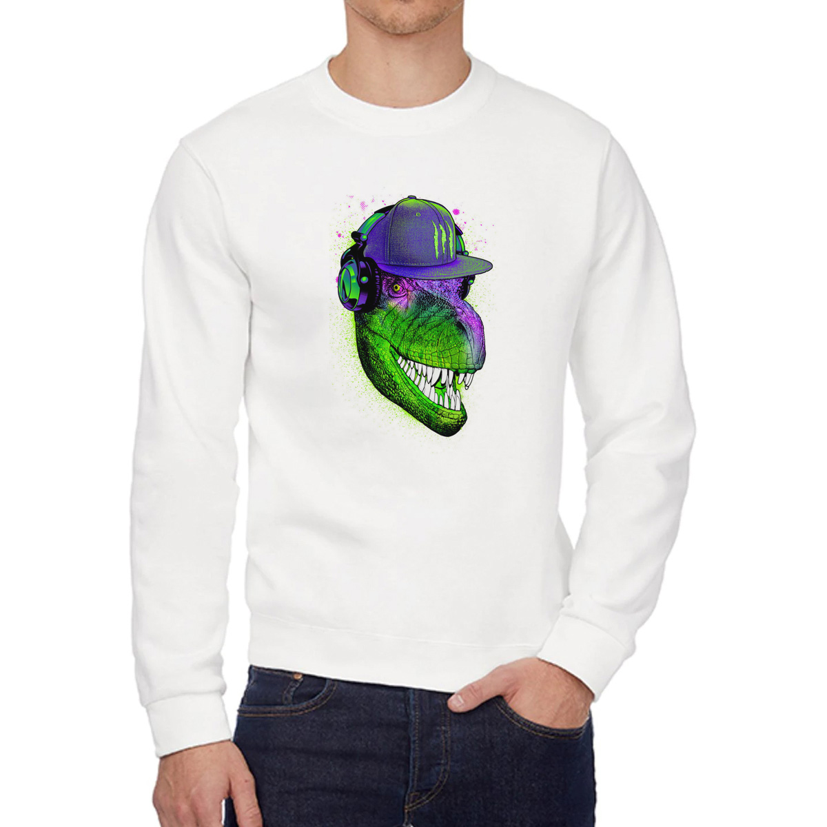 

Свитшот женский CoolPodarok Динозавр в наушниках кепка монстр белый 46 RU, 6W015650