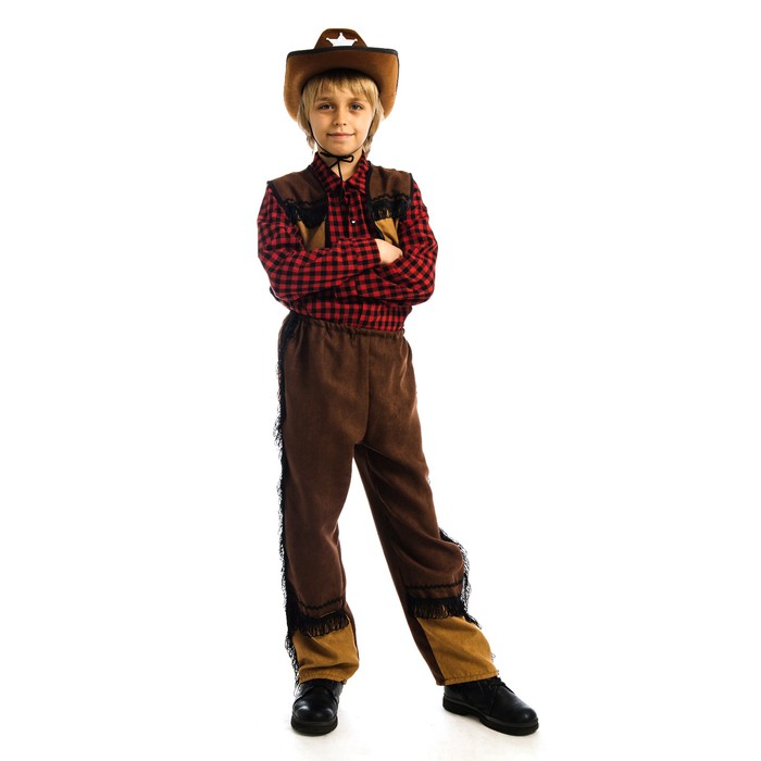 Карнавальный костюм Ковбой, шляпа, рубашка, жилетка, брюки, р. 28, рост 110 см