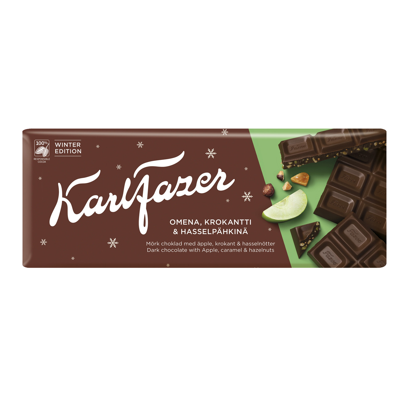 

Темный шоколад KARL FAZER с яблоком, фундуком и хрустящими кусочками карамели 200г