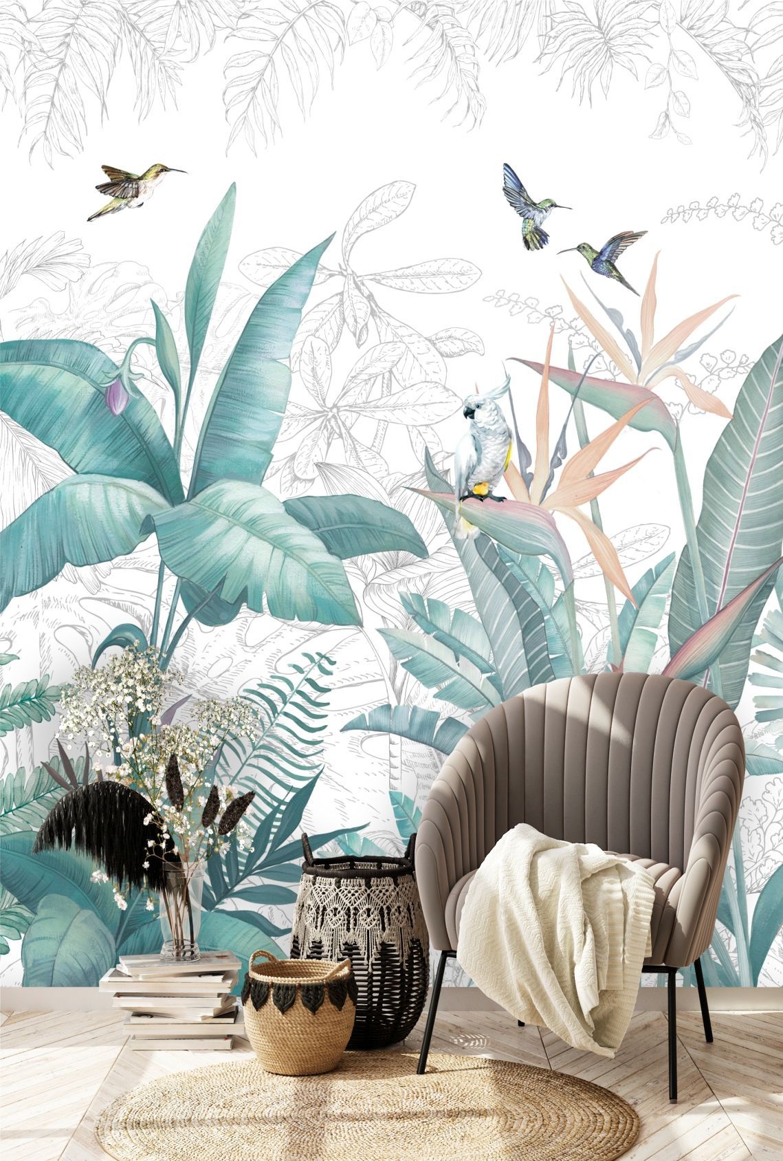 фото Фотообои dekor vinil "тропические листья с птицами" , 200х270 см