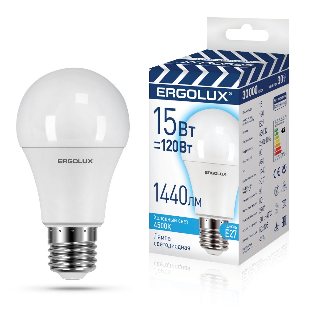 

Лампа Светодиодная E27 A60 15W Холодный Свет Ergolux 110100 1Шт Ergolux ELLEDA6015WE274K