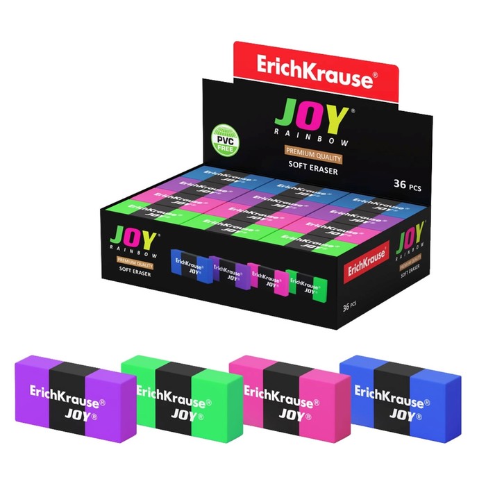 

Ластик ErichKrause Joy Rainbow, мягкий, гипоаллергенный36 шт., Зеленый;розовый;синий;фиолетовый;черный