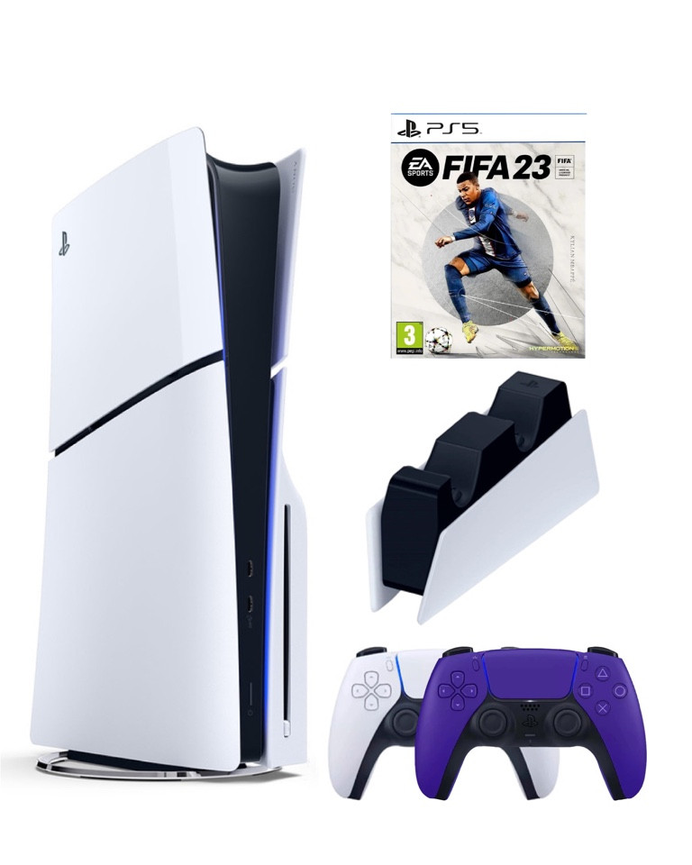 

Игровая приставка Sony Playstation 5 Slim 1 Tb+2-ой геймпад(пурпурный)+ЗУ+Fifa 23