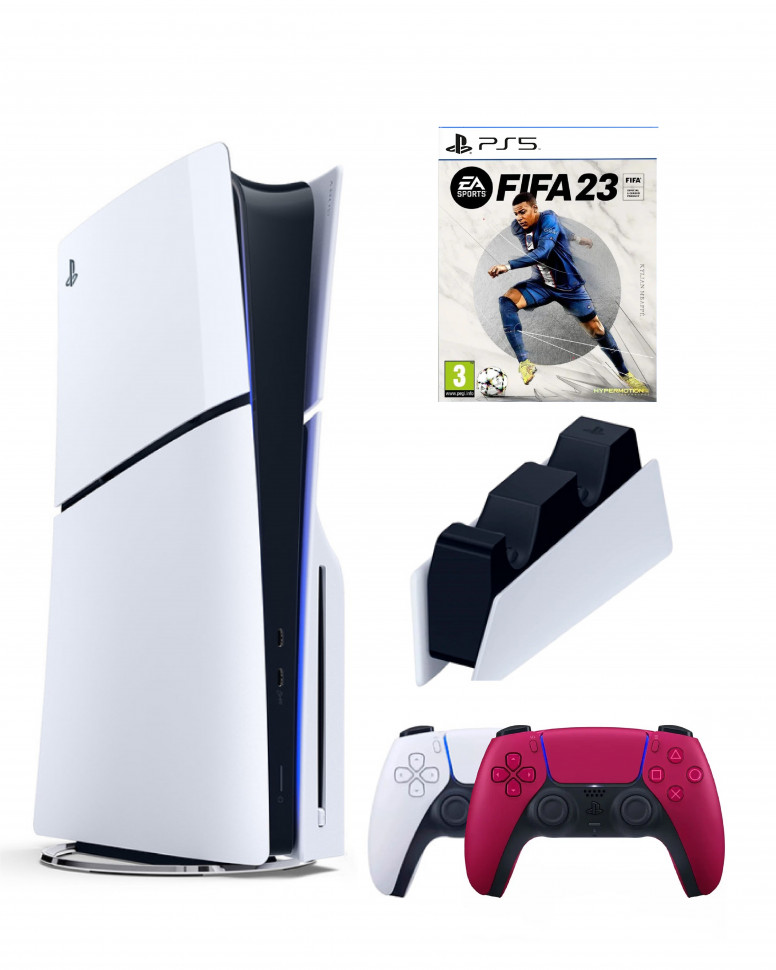 

Игровая приставка Sony Playstation 5 Slim 1 Tb+2-ой геймпад(красный)+ЗУ+Fifa 23
