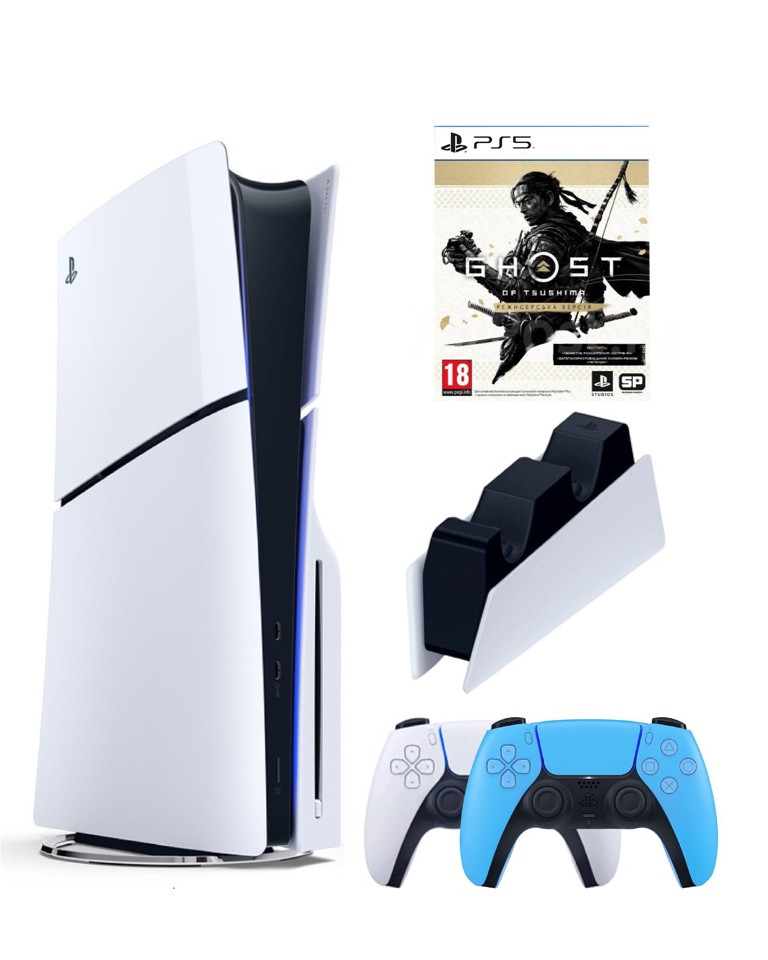 Игровая приставка Sony Playstation 5 Slim 1 Tb+2-ой геймпад(голубой)+ЗУ+Призрак Цусимы 100069580694