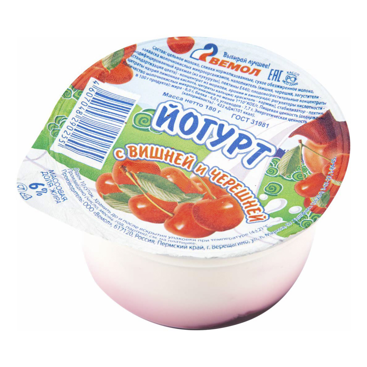 

Йогурт Вемол вишня-черешня 6% бзмж 180 мл