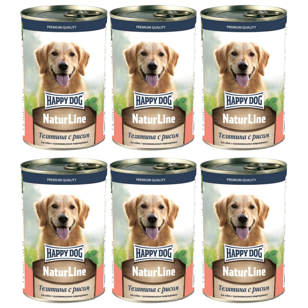 Консервы для собак Happy Dog, телятина, рис, 6шт по 410г