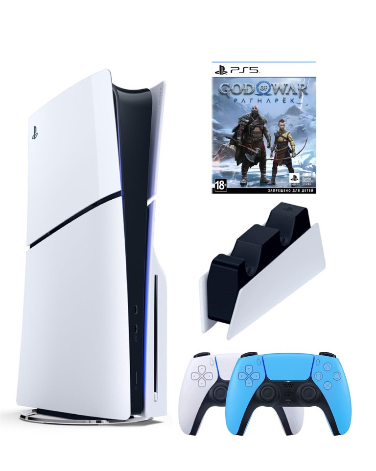 

Игровая приставка Sony Playstation 5 Slim 1 Tb+2-ой геймпад(голубой)+ЗУ+God of WAr