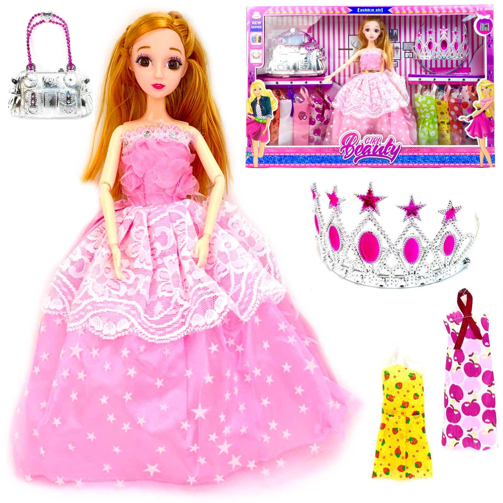 Набор BETTINA кукла с платьями Beauty Girl, шарнирная, 29 см, 11 платьев, диадема, сумочка