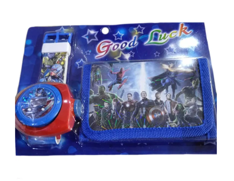 фото Детский набор игрушки к 1105 - 05 часы-проектор +кошелек синий мстит