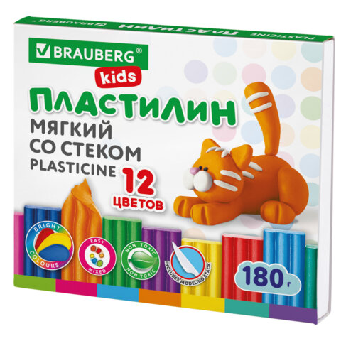 фото Пластилин brauberg kids мягкий восковой 12 цветов 180 г со стеком 106495
